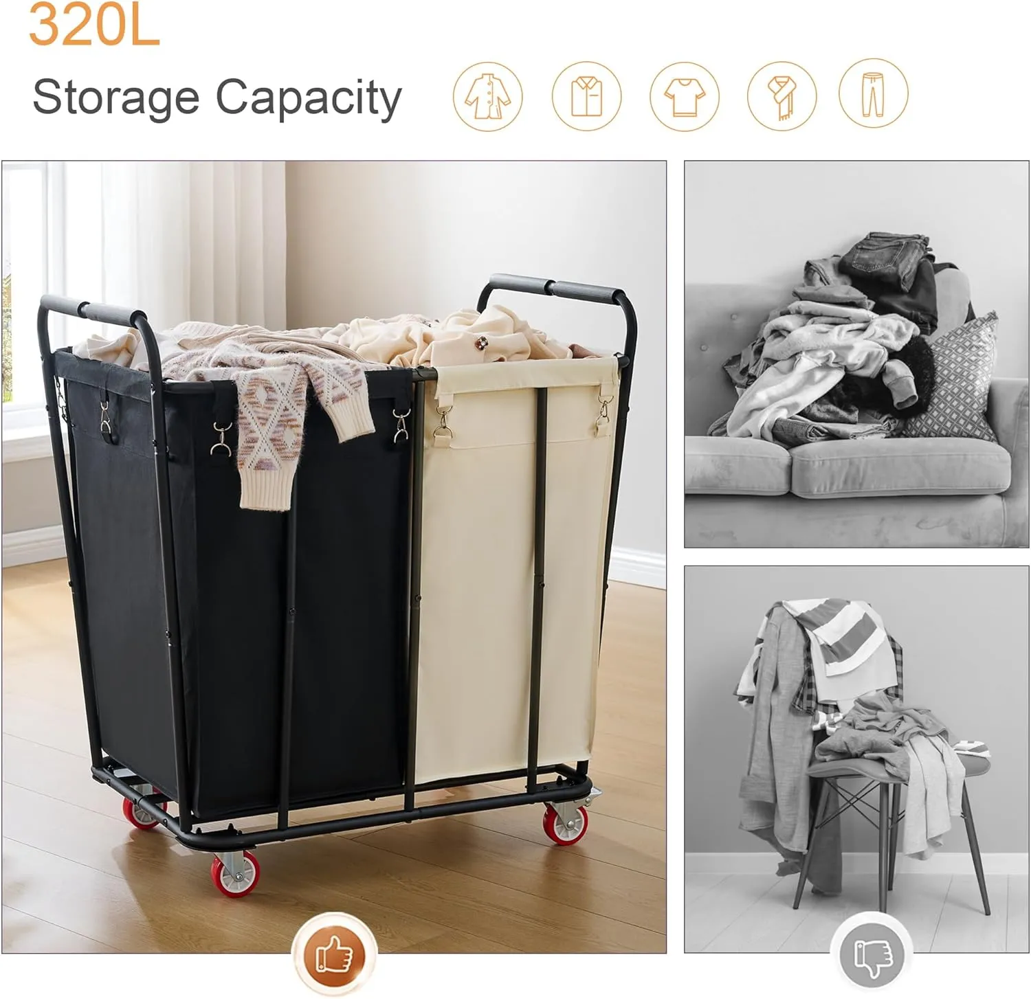Hoctieon 2 Section Laundry Sorter Cart, 400L Rolling Hamper with Wheels, Industrial Laundry Basket Organizer, Extra Large Dirty Clothes Hamper for Home & Hotel, Heavy Duty, Black Beige