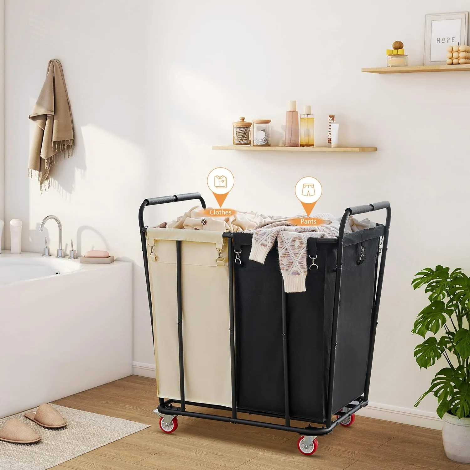 Hoctieon 2 Section Laundry Sorter Cart, 400L Rolling Hamper with Wheels, Industrial Laundry Basket Organizer, Extra Large Dirty Clothes Hamper for Home & Hotel, Heavy Duty, Black Beige