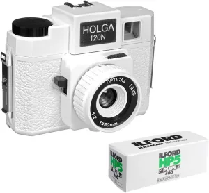 Holga 173-120 Holgawood 120N Medium Format Camera (Casablanco) Bundle with Black & White Negative Film (120 Roll Film)