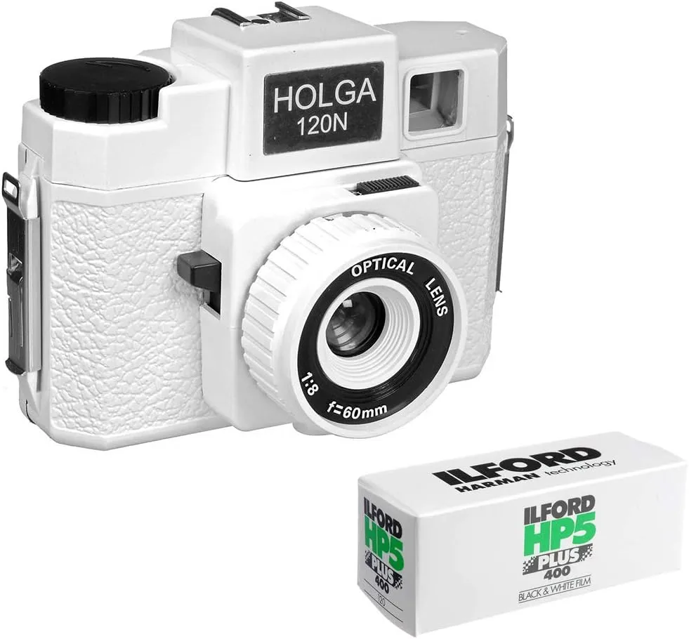 Holga 173-120 Holgawood 120N Medium Format Camera (Casablanco) Bundle with Black & White Negative Film (120 Roll Film)