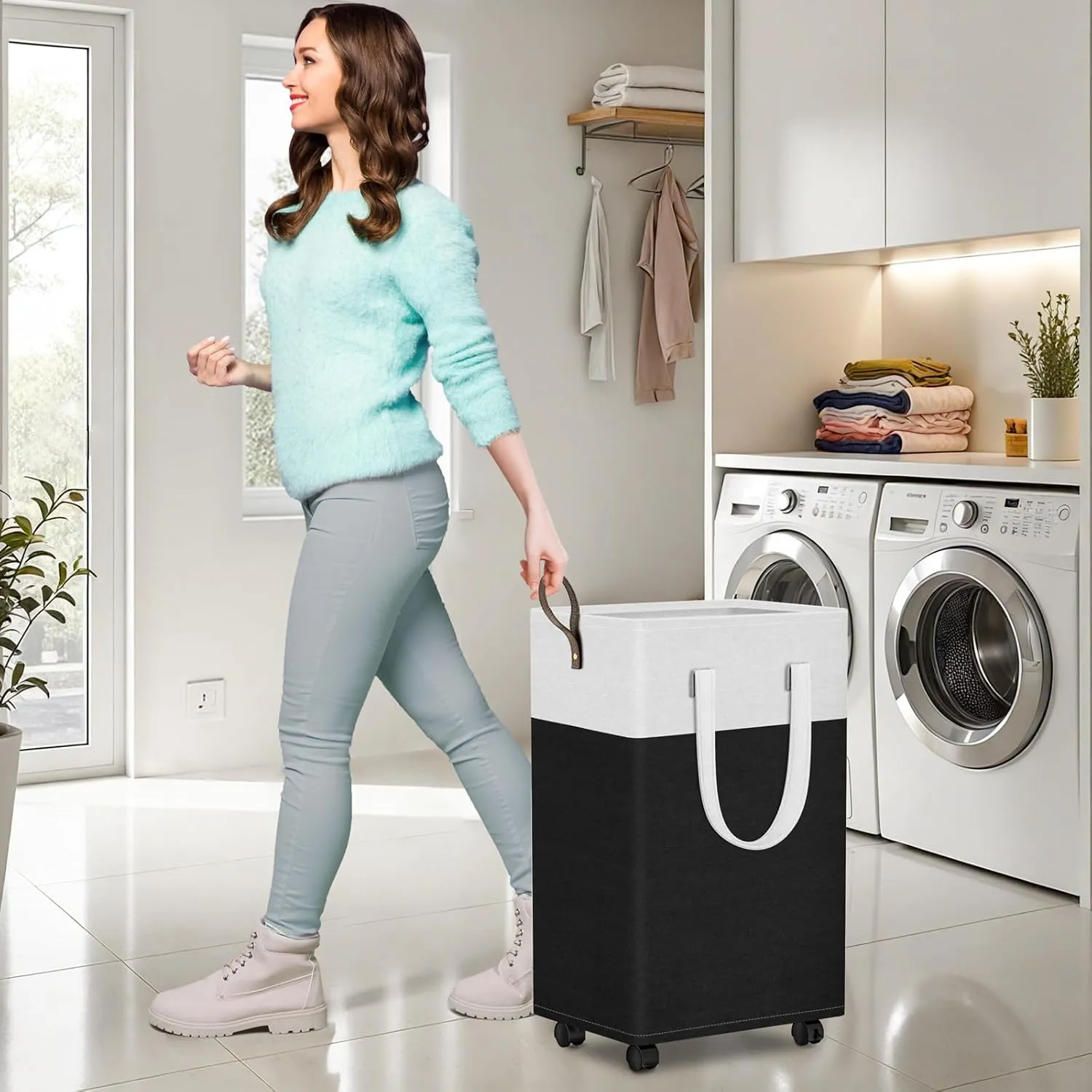 HomeHacks 75L Rolling Laundry Basket with Wheels, Collapsible & Waterproof Laundry Hamper, Mobile Clothes Hamper, Storage Laundry Bins with Handles for Laundry Room, Bedroom, Bathroom & Dorm, Black