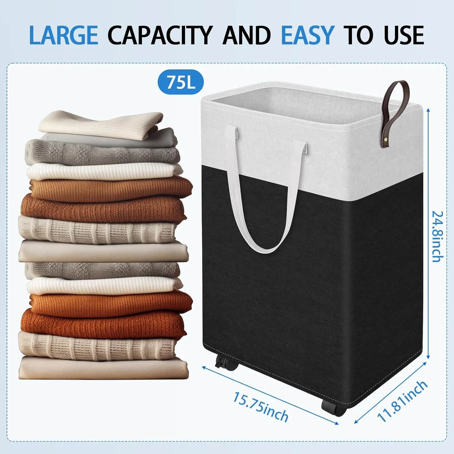 HomeHacks 75L Rolling Laundry Basket with Wheels, Collapsible & Waterproof Laundry Hamper, Mobile Clothes Hamper, Storage Laundry Bins with Handles for Laundry Room, Bedroom, Bathroom & Dorm, Black