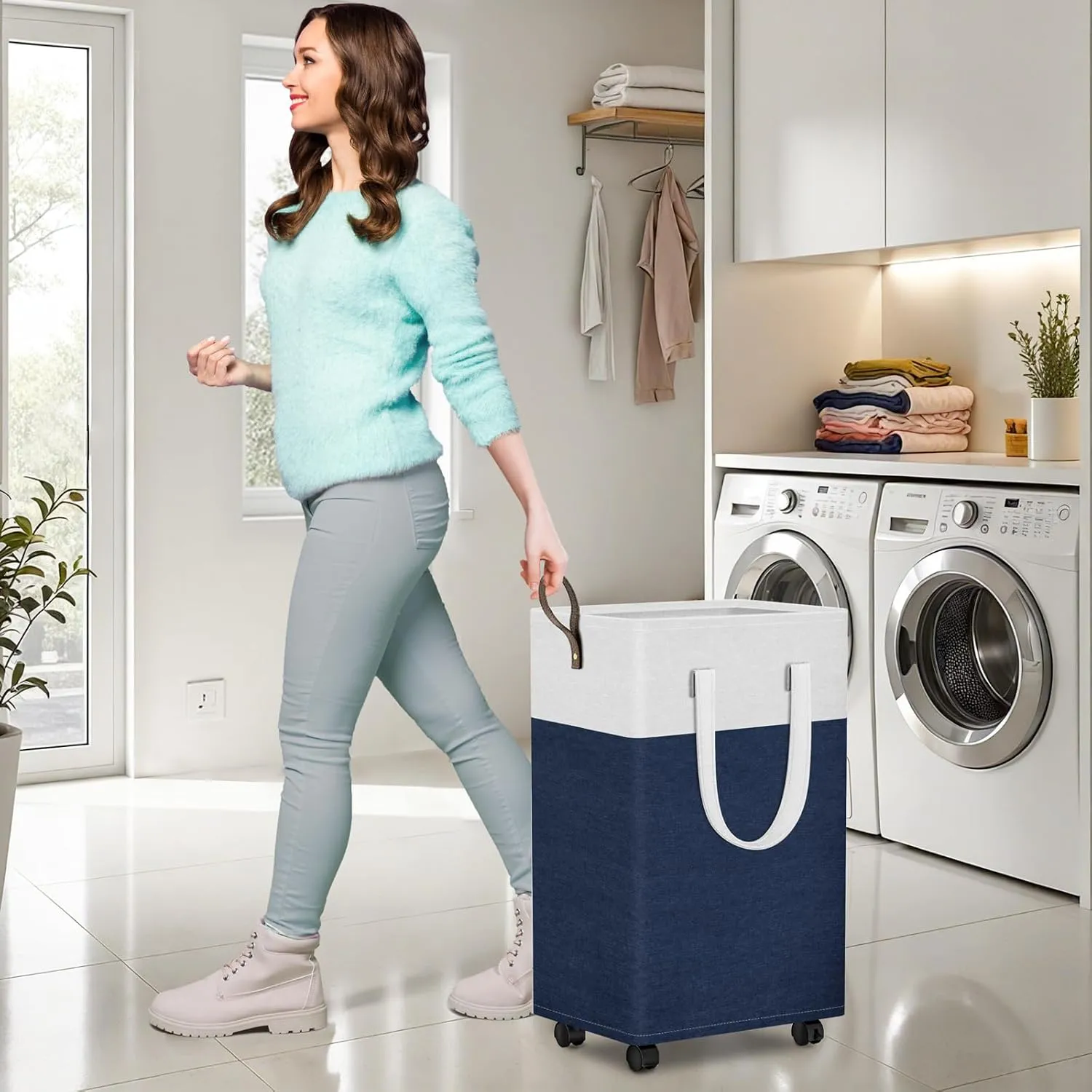 HomeHacks 75L Rolling Laundry Basket with Wheels, Collapsible & Waterproof Laundry Hamper, Mobile Clothes Hamper, Storage Laundry Bins with Handles for Laundry Room, Bedroom, Bathroom & Dorm, Blue