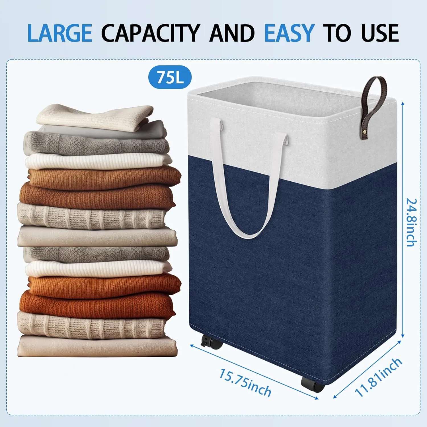 HomeHacks 75L Rolling Laundry Basket with Wheels, Collapsible & Waterproof Laundry Hamper, Mobile Clothes Hamper, Storage Laundry Bins with Handles for Laundry Room, Bedroom, Bathroom & Dorm, Blue