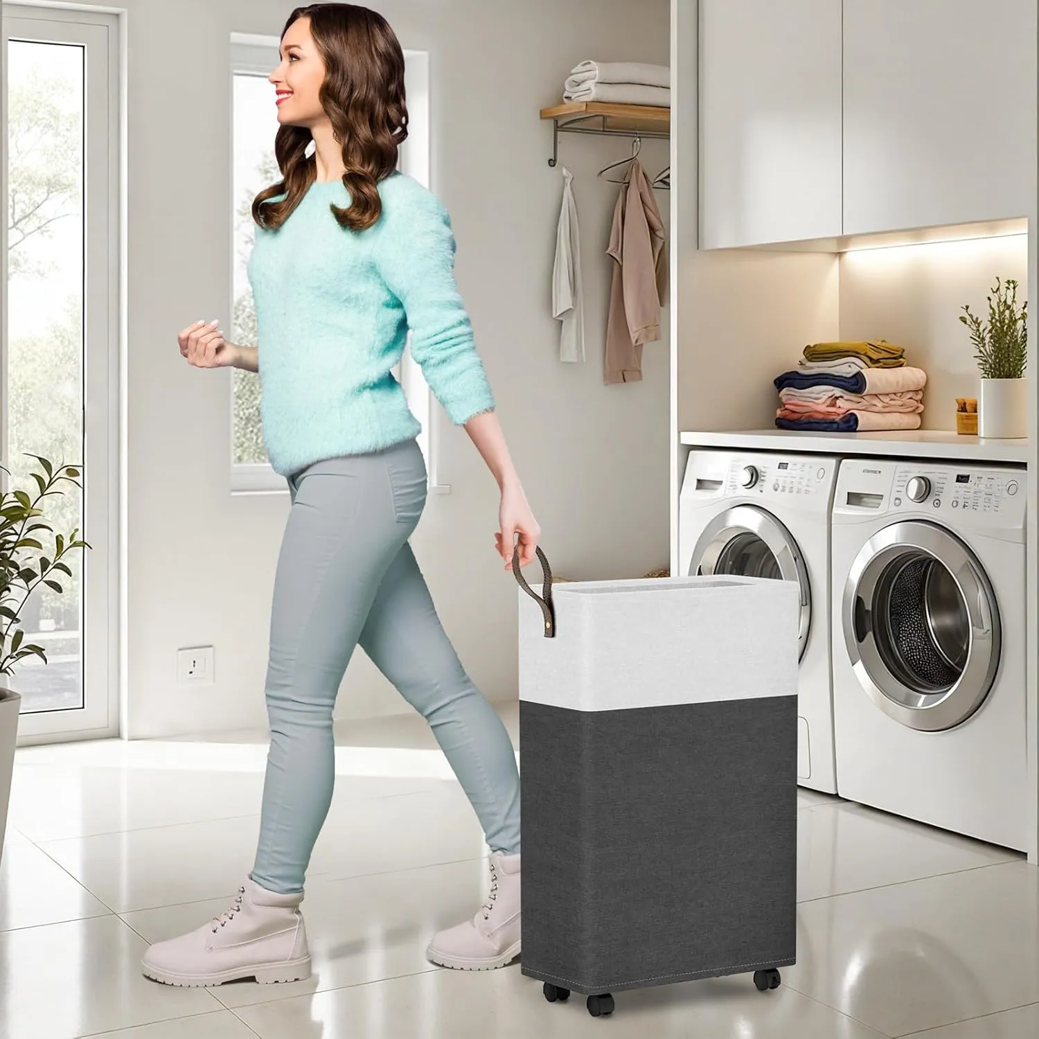 HomeHacks 75L Rolling Laundry Basket with Wheels, Collapsible & Waterproof Laundry Hamper, Mobile Clothes Hamper, Storage Laundry Bins with Handles for Laundry Room, Bedroom, Bathroom & Dorm, Gray