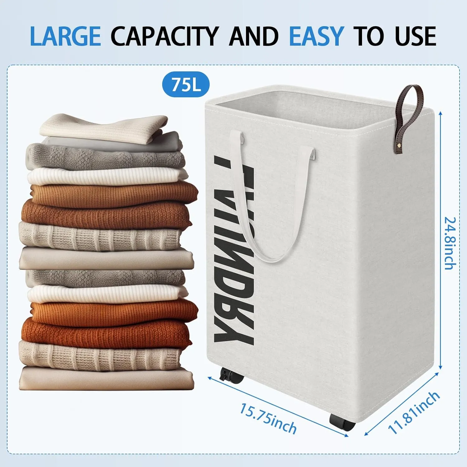 HomeHacks 75L Rolling Laundry Basket with Wheels, Collapsible & Waterproof Laundry Hamper, Mobile Clothes Hamper, Storage Laundry Bins with Handles for Laundry Room, Bedroom, Bathroom & Dorm, White