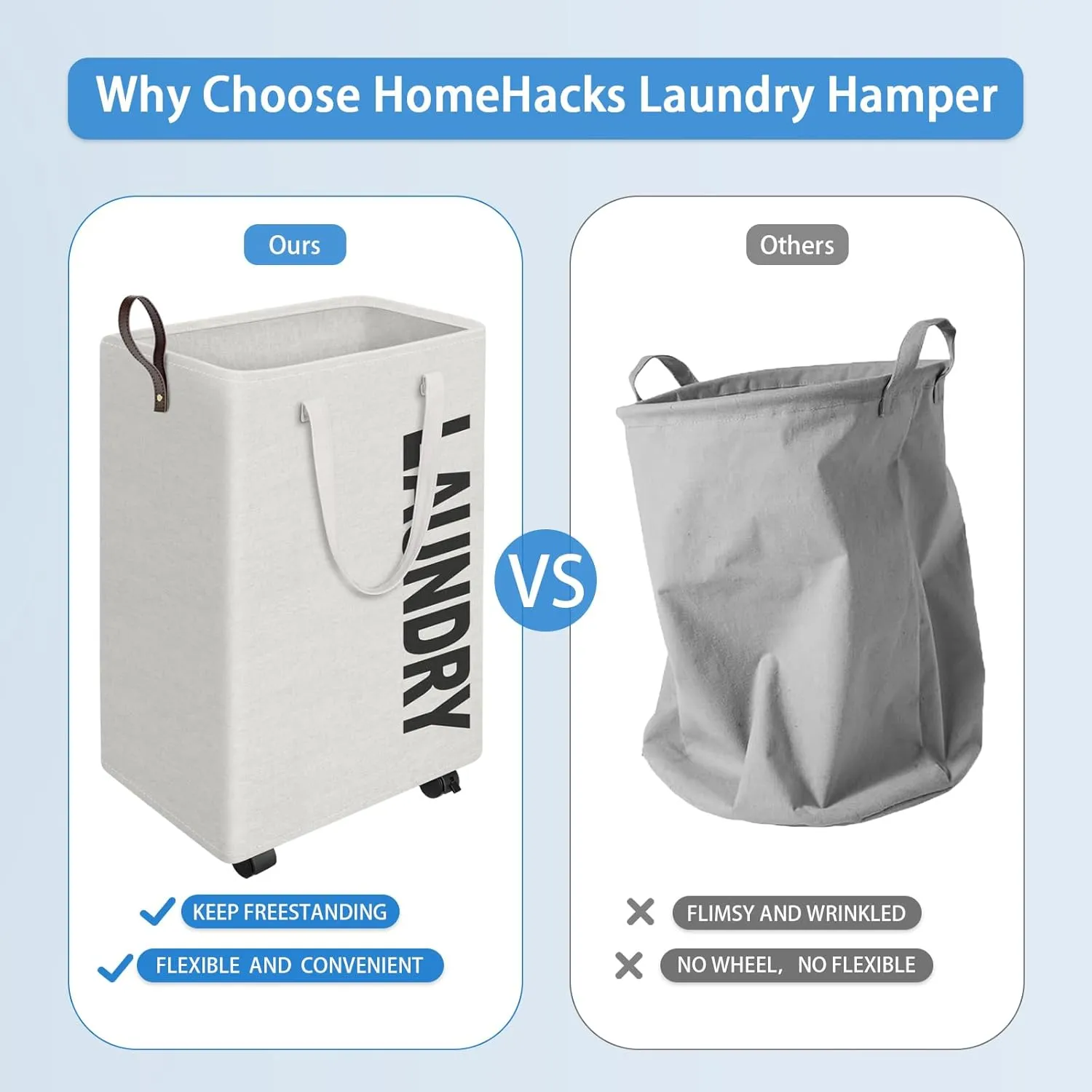 HomeHacks 75L Rolling Laundry Basket with Wheels, Collapsible & Waterproof Laundry Hamper, Mobile Clothes Hamper, Storage Laundry Bins with Handles for Laundry Room, Bedroom, Bathroom & Dorm, White