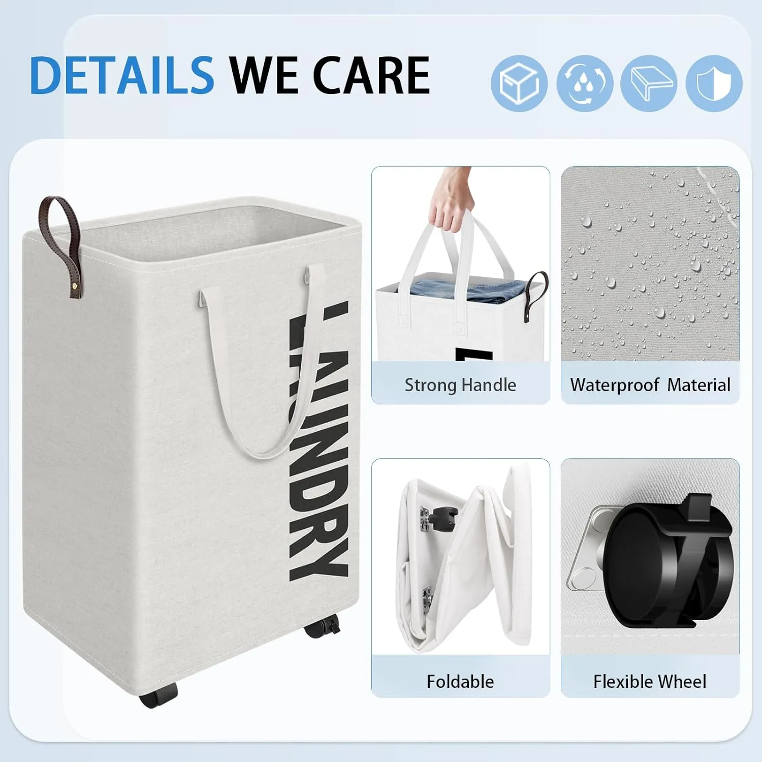 HomeHacks 75L Rolling Laundry Basket with Wheels, Collapsible & Waterproof Laundry Hamper, Mobile Clothes Hamper, Storage Laundry Bins with Handles for Laundry Room, Bedroom, Bathroom & Dorm, White