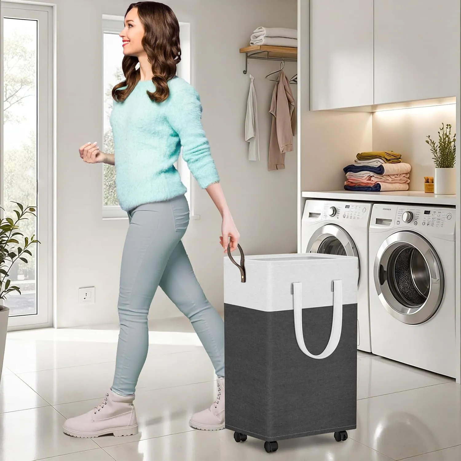 HomeHacks 75L Rolling Laundry Hamper with 4 Smooth Wheels, Collapsible Waterproof Clothes Basket, Freestanding Tall Hamper with Extended Handles for Bedroom/Dorm/Laundry Room (Gray)