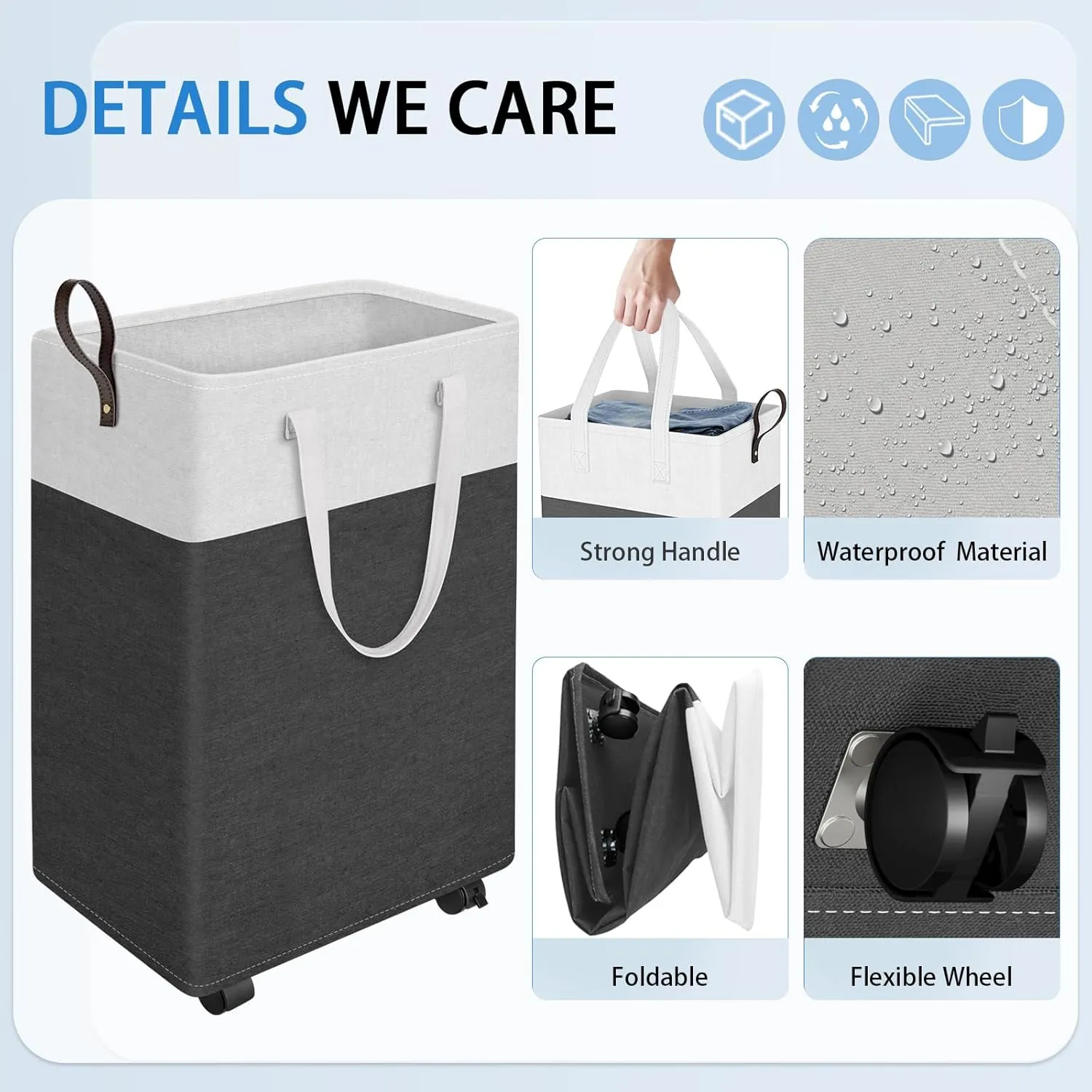 HomeHacks 75L Rolling Laundry Hamper with 4 Smooth Wheels, Collapsible Waterproof Clothes Basket, Freestanding Tall Hamper with Extended Handles for Bedroom/Dorm/Laundry Room (Gray)