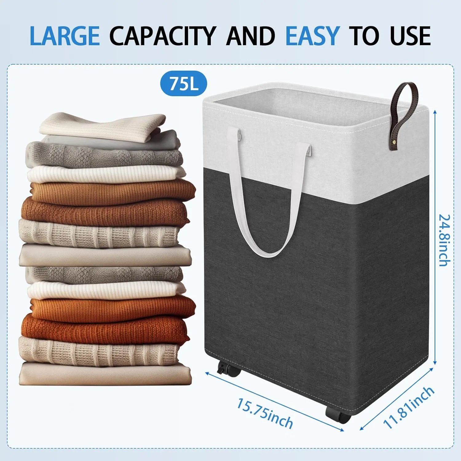 HomeHacks 75L Rolling Laundry Hamper with 4 Smooth Wheels, Collapsible Waterproof Clothes Basket, Freestanding Tall Hamper with Extended Handles for Bedroom/Dorm/Laundry Room (Gray)