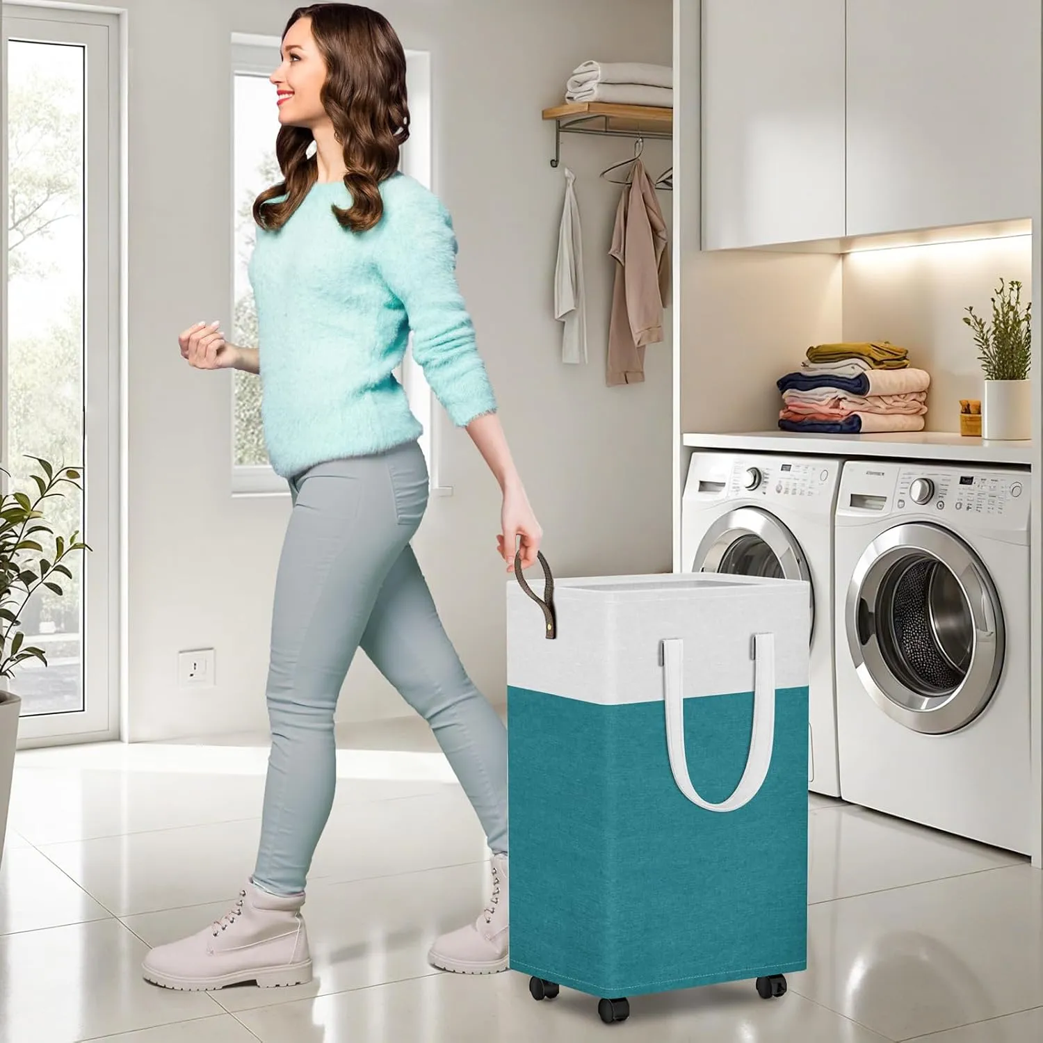 HomeHacks Laundry Basket with Wheels, Rolling Laundry Hamper, Collapsible & Waterproof Clothes Hamper, Narrow Corner Clothes Bins with Extended Handles for Clothes in the Family & Dorm 90L, Green)