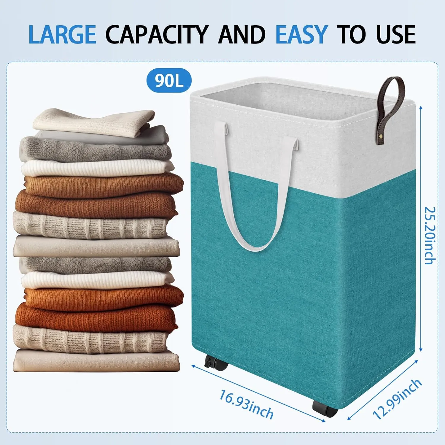 HomeHacks Laundry Basket with Wheels, Rolling Laundry Hamper, Collapsible & Waterproof Clothes Hamper, Narrow Corner Clothes Bins with Extended Handles for Clothes in the Family & Dorm 90L, Green)