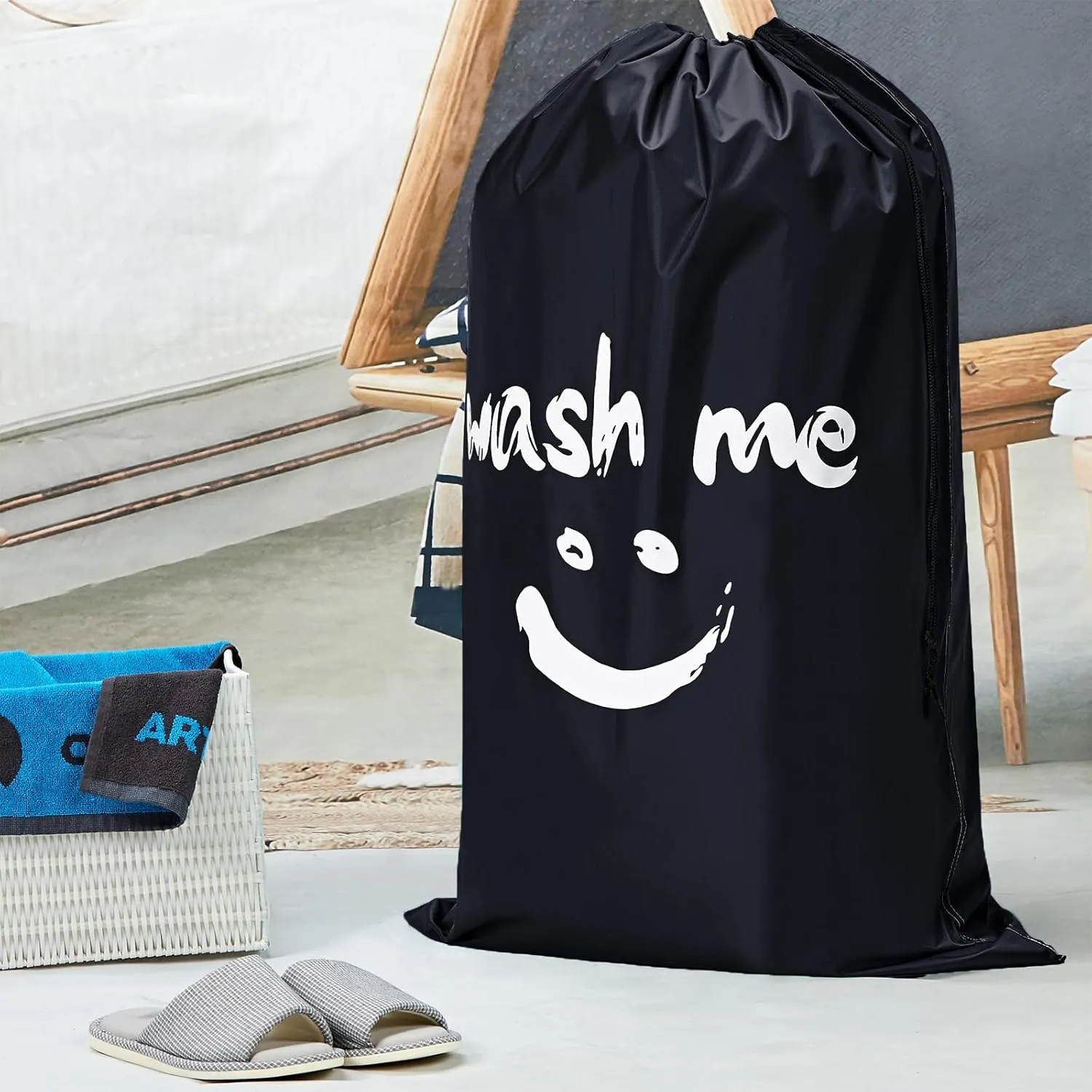HOMEST 2 Pack XL Wash Me Travel Laundry Bag, Dirty Garments Organizer, Large Enough to Hold 4 Loads of Clothes, Easy Fit a Hamper or Clothing Basket, Black and Sky Blue