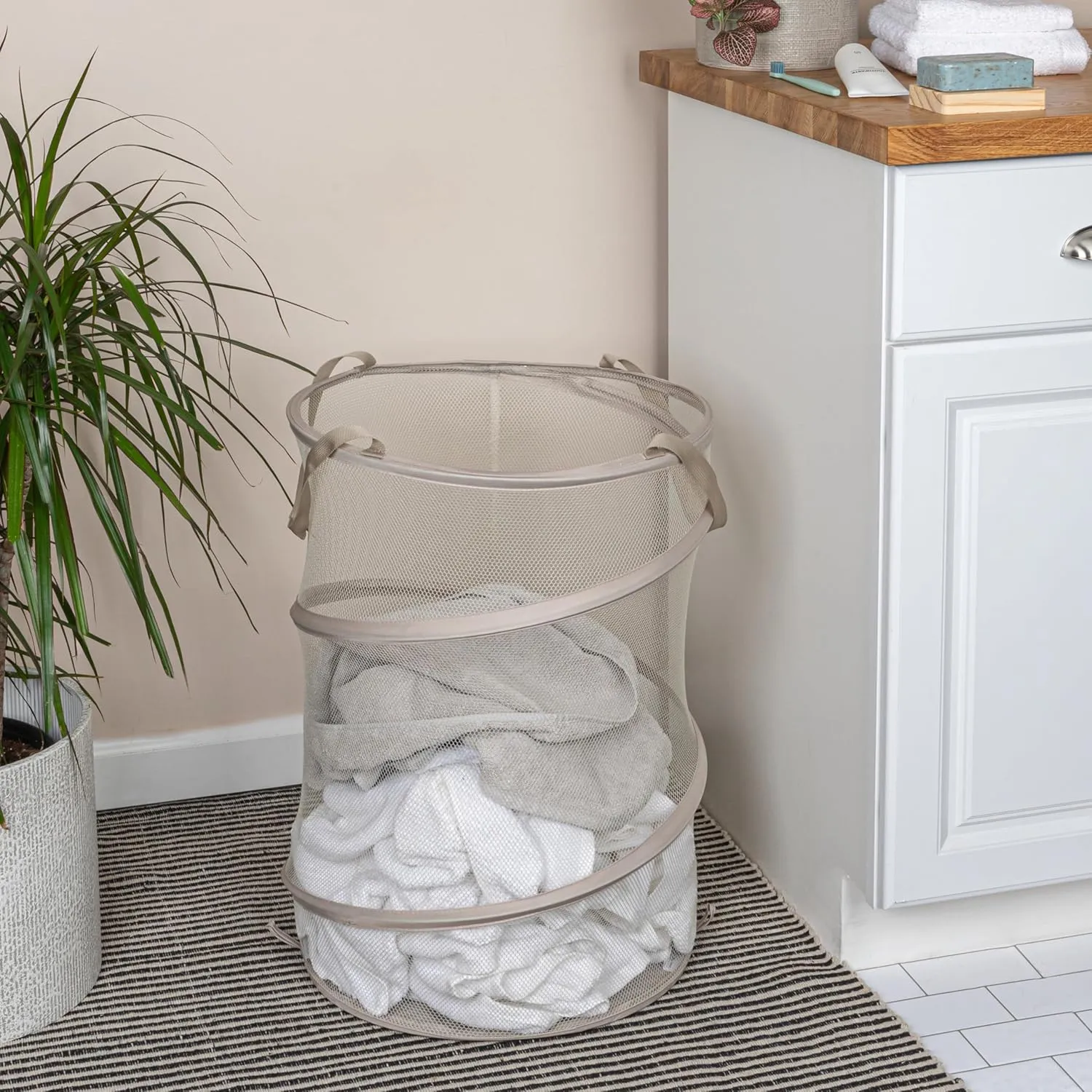 Household Essentials Pop-Up Mesh Laundry Hamper, Beige