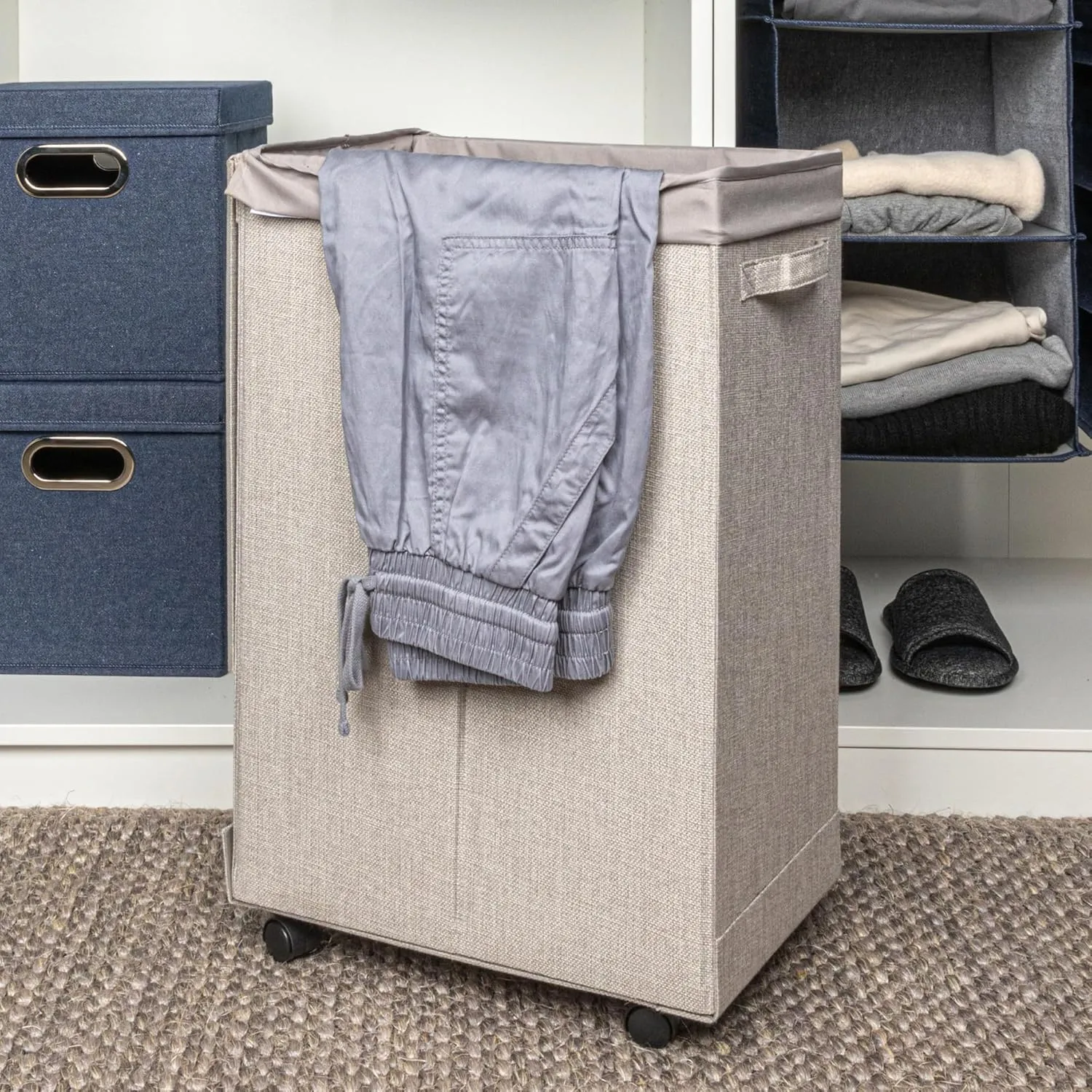 Household Essentials, Silver Narrow Collapsible Laundry Hamper with Liner and Lid