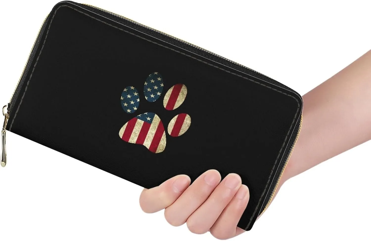 Howilath American Flag Dog Paw Pattern Women Girls Long Pu Leather Wallet with Credit Card Holder Coin Pockets Zip Around Clutch Slim Purse