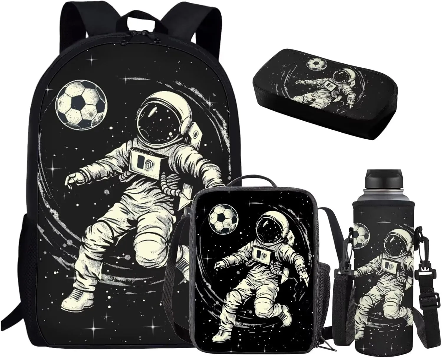 HUGS IDEA Astronaut School Backpack for Kids Football Backpack for Boys 8-12 School Bookbag with Lunch Box Cool Backpack for Boys 4Pcs Elementary School Bag for Teen Boys Book Bag Set