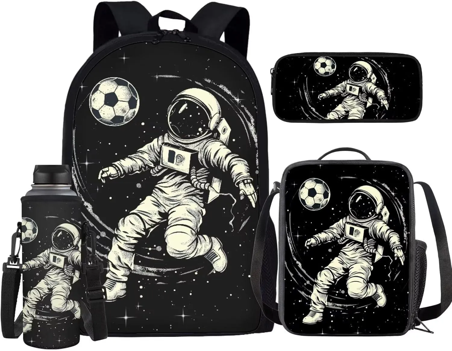 HUGS IDEA Astronaut School Backpack for Kids Football Backpack for Boys 8-12 School Bookbag with Lunch Box Cool Backpack for Boys 4Pcs Elementary School Bag for Teen Boys Book Bag Set