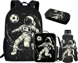 HUGS IDEA Astronaut School Backpack for Kids Football Backpack for Boys 8-12 School Bookbag with Lunch Box Cool Backpack for Boys 4Pcs Elementary School Bag for Teen Boys Book Bag Set
