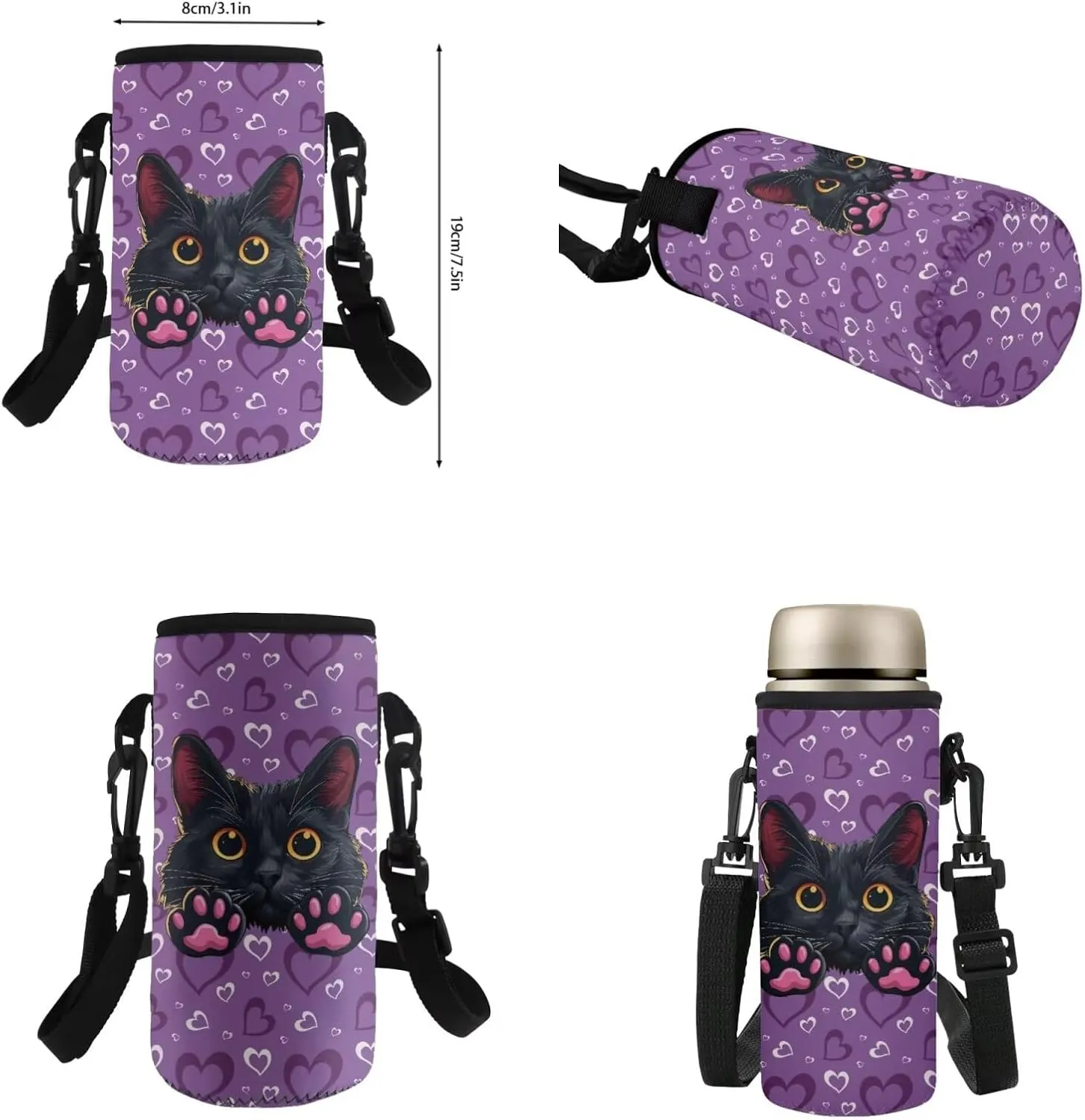 HUGS IDEA Black Cat Backpack for Girls Love Print Girls Backpack with Lunch Box for Elementary School Lightweight 4 in 1 School Bag Set 17 Inch School Backpack for Girls Back to School Gifts