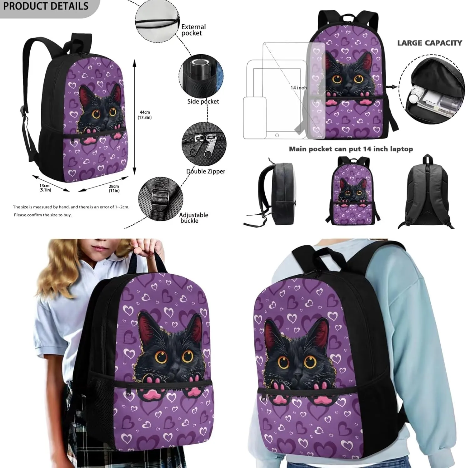 HUGS IDEA Black Cat Backpack for Girls Love Print Girls Backpack with Lunch Box for Elementary School Lightweight 4 in 1 School Bag Set 17 Inch School Backpack for Girls Back to School Gifts