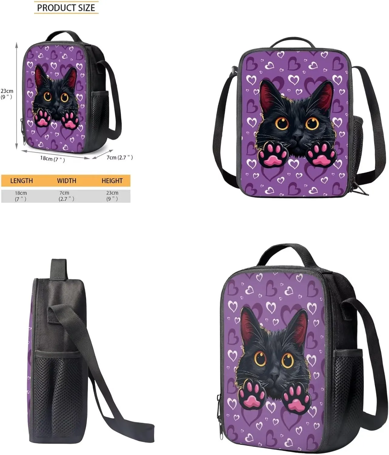 HUGS IDEA Black Cat Backpack for Girls Love Print Girls Backpack with Lunch Box for Elementary School Lightweight 4 in 1 School Bag Set 17 Inch School Backpack for Girls Back to School Gifts