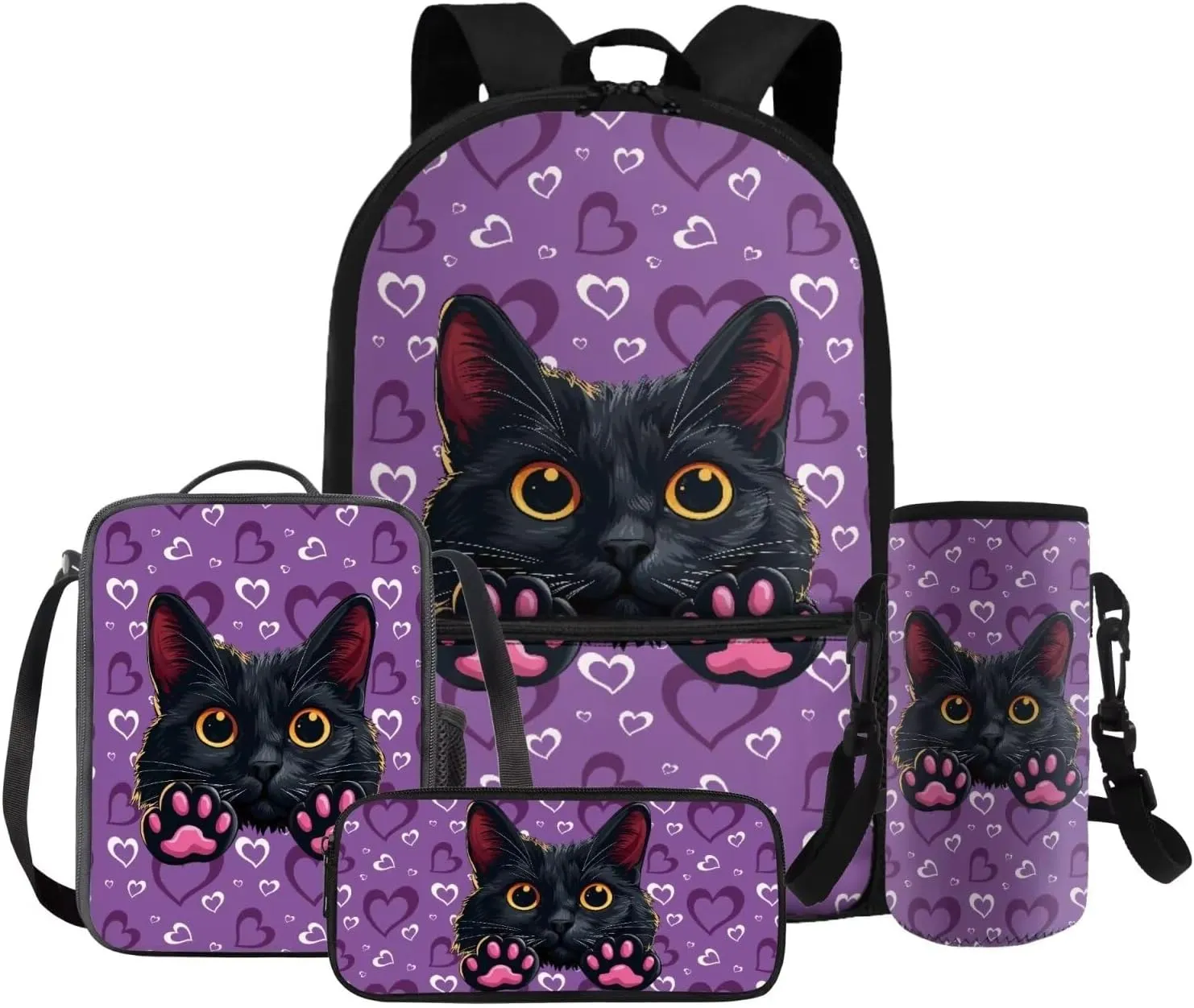 HUGS IDEA Black Cat Backpack for Girls Love Print Girls Backpack with Lunch Box for Elementary School Lightweight 4 in 1 School Bag Set 17 Inch School Backpack for Girls Back to School Gifts