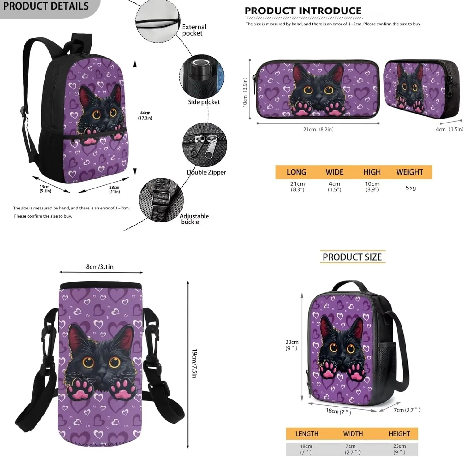 HUGS IDEA Black Cat Backpack for Girls Love Print Girls Backpack with Lunch Box for Elementary School Lightweight 4 in 1 School Bag Set 17 Inch School Backpack for Girls Back to School Gifts