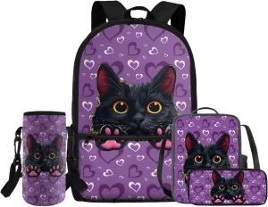 HUGS IDEA Black Cat Backpack for Girls Love Print Girls Backpack with Lunch Box for Elementary School Lightweight 4 in 1 School Bag Set 17 Inch School Backpack for Girls Back to School Gifts