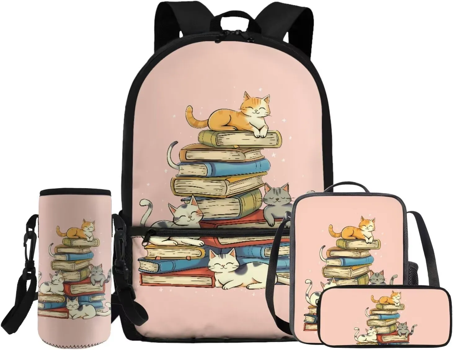 HUGS IDEA Cat Backpack for School Girls 9-12 Book Print Backpack for Girls School Bag with Lunch Bag Set Lightweight Kids Bookbag for Elementary School 17 Inch Schoobag Set for Teen Girls