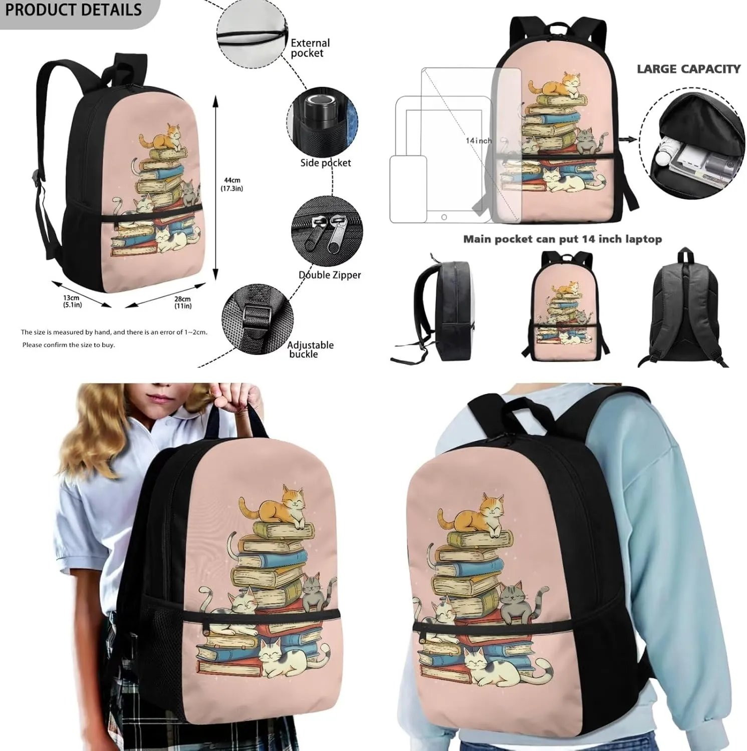 HUGS IDEA Cat Backpack for School Girls 9-12 Book Print Backpack for Girls School Bag with Lunch Bag Set Lightweight Kids Bookbag for Elementary School 17 Inch Schoobag Set for Teen Girls