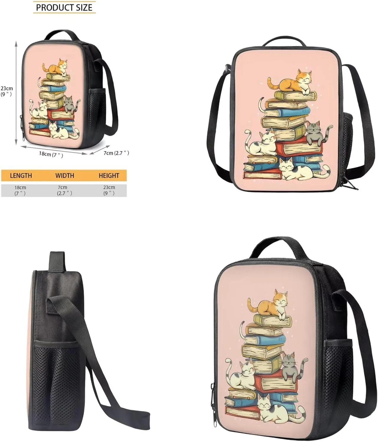 HUGS IDEA Cat Backpack for School Girls 9-12 Book Print Backpack for Girls School Bag with Lunch Bag Set Lightweight Kids Bookbag for Elementary School 17 Inch Schoobag Set for Teen Girls
