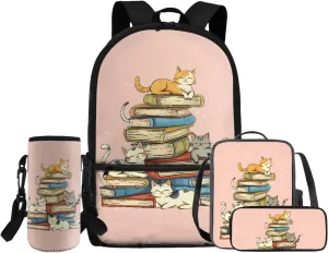 HUGS IDEA Cat Backpack for School Girls 9-12 Book Print Backpack for Girls School Bag with Lunch Bag Set Lightweight Kids Bookbag for Elementary School 17 Inch Schoobag Set for Teen Girls