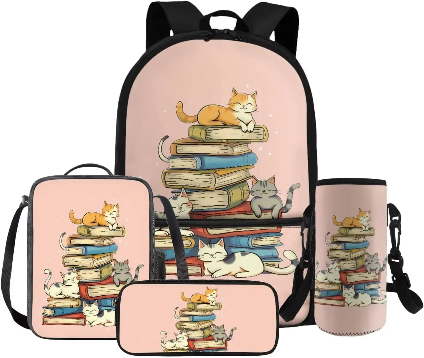 HUGS IDEA Cat Backpack for School Girls 9-12 Book Print Backpack for Girls School Bag with Lunch Bag Set Lightweight Kids Bookbag for Elementary School 17 Inch Schoobag Set for Teen Girls