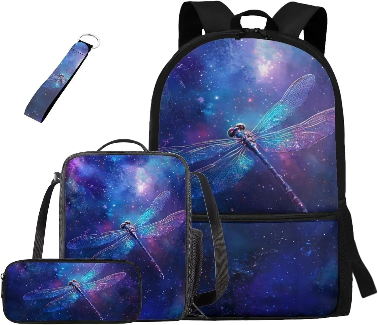 HUGS IDEA Galaxy Dragonfly Bookbag for Kids Space Theme School Backpacks for Girls with Lunch Box Lightweight School Bag Set with Keychain 17 Inch Book Bags for 5th Grade 4Pcs Schoolbag
