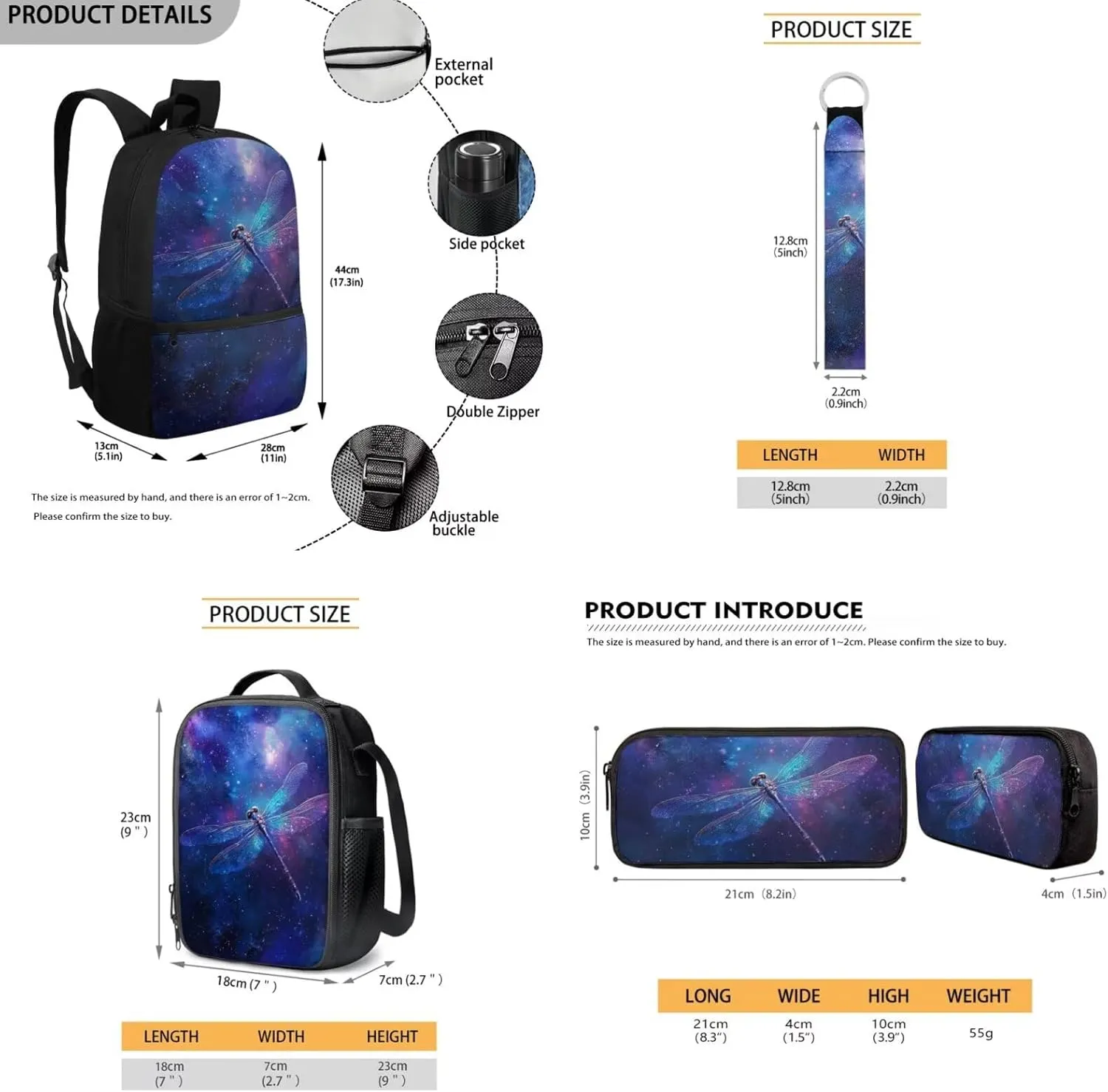 HUGS IDEA Galaxy Dragonfly Bookbag for Kids Space Theme School Backpacks for Girls with Lunch Box Lightweight School Bag Set with Keychain 17 Inch Book Bags for 5th Grade 4Pcs Schoolbag