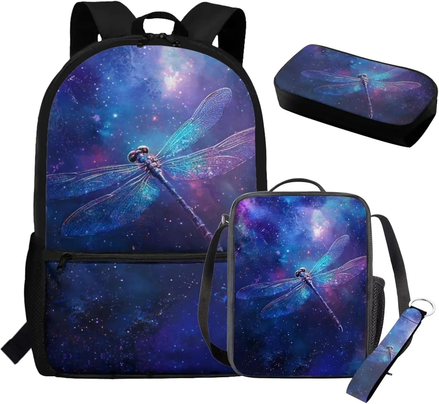 HUGS IDEA Galaxy Dragonfly Bookbag for Kids Space Theme School Backpacks for Girls with Lunch Box Lightweight School Bag Set with Keychain 17 Inch Book Bags for 5th Grade 4Pcs Schoolbag