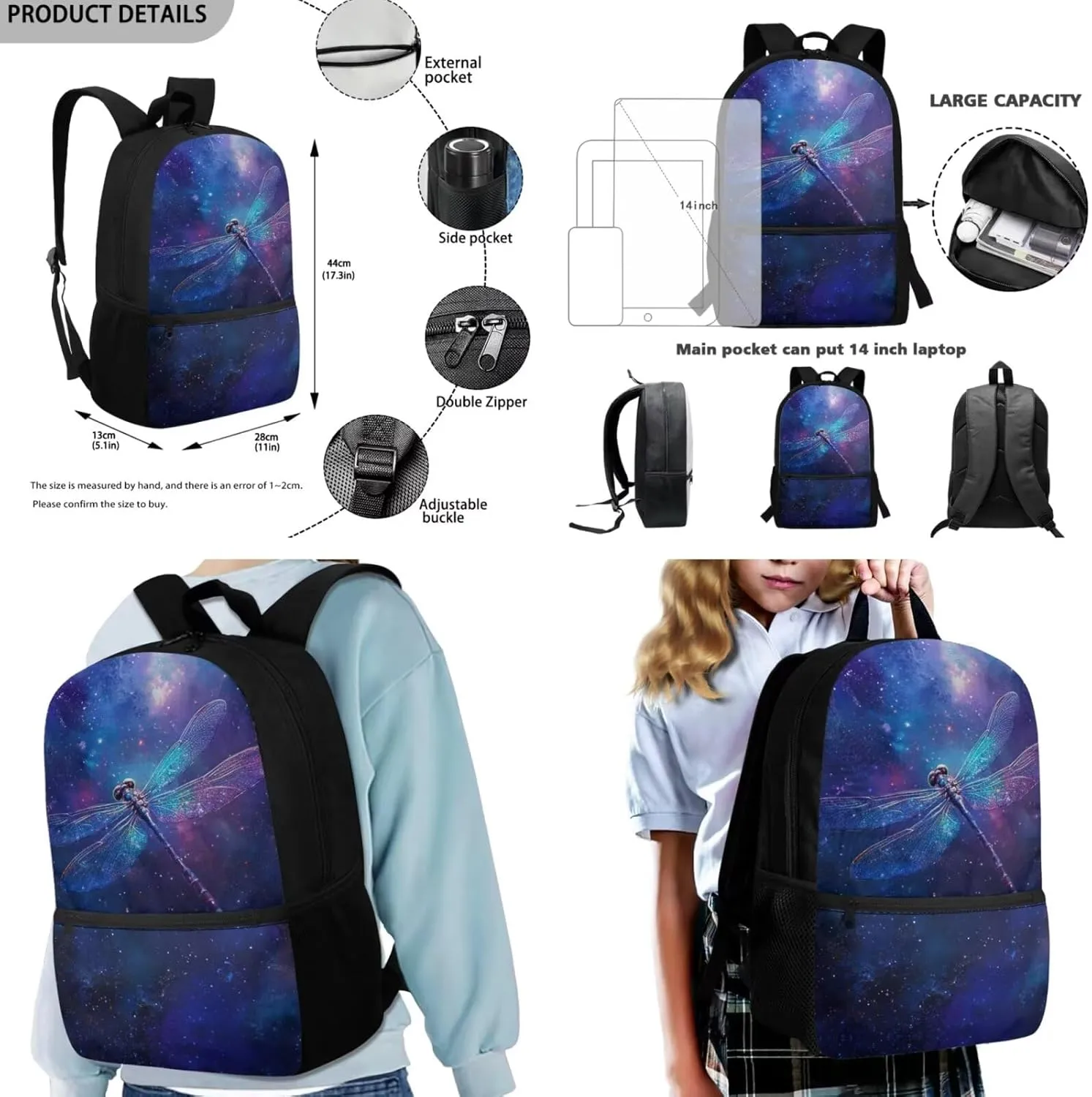 HUGS IDEA Galaxy Dragonfly Bookbag for Kids Space Theme School Backpacks for Girls with Lunch Box Lightweight School Bag Set with Keychain 17 Inch Book Bags for 5th Grade 4Pcs Schoolbag