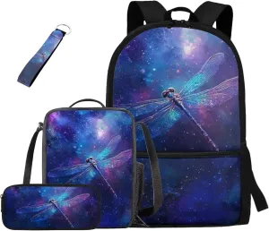 HUGS IDEA Galaxy Dragonfly Bookbag for Kids Space Theme School Backpacks for Girls with Lunch Box Lightweight School Bag Set with Keychain 17 Inch Book Bags for 5th Grade 4Pcs Schoolbag