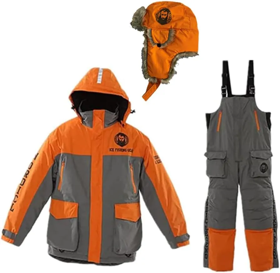 Ice Fishing Suit, Insulated Bibs Jacket and Hat, Waterproof Gear for Ice Fishing and Snowmobiling(X-Large Size)