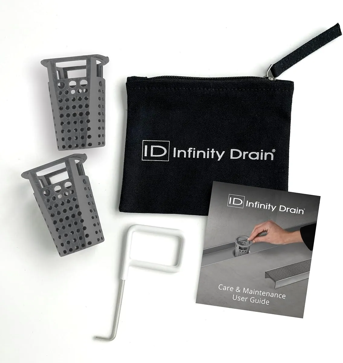 Infinity Drain HMK-38-2D Hair Maintenance Kit. Includes maintenance guide, DKEY Lift-out key, and (2) HB 32 Hair Baskets.