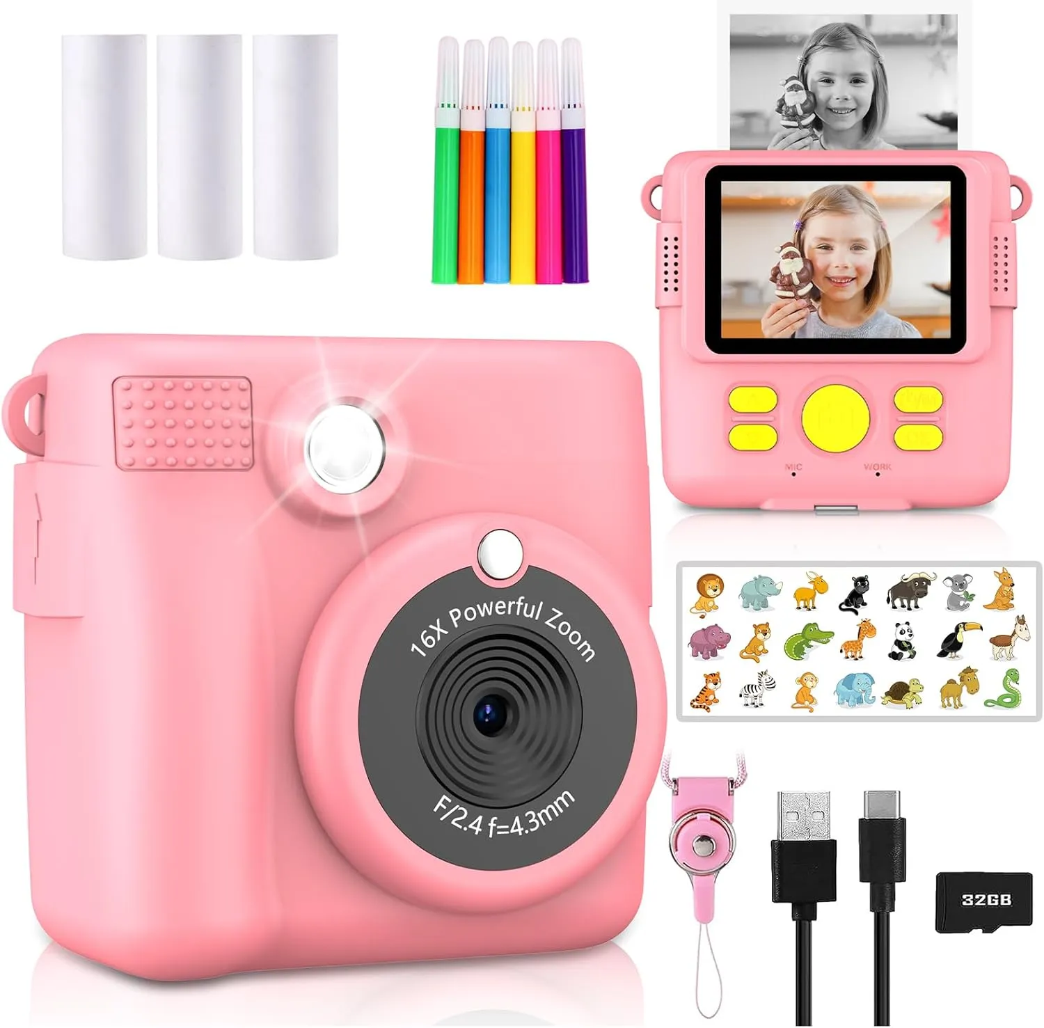 Instant Print Camera for Kids,Christmas Birthday Gifts for Age 3-12 Girls Boys，1080P HD Digital Video Cameras for Toddler,Kids Portable Toy with 3 Rolls Photo Paper，32GB Card-Pink