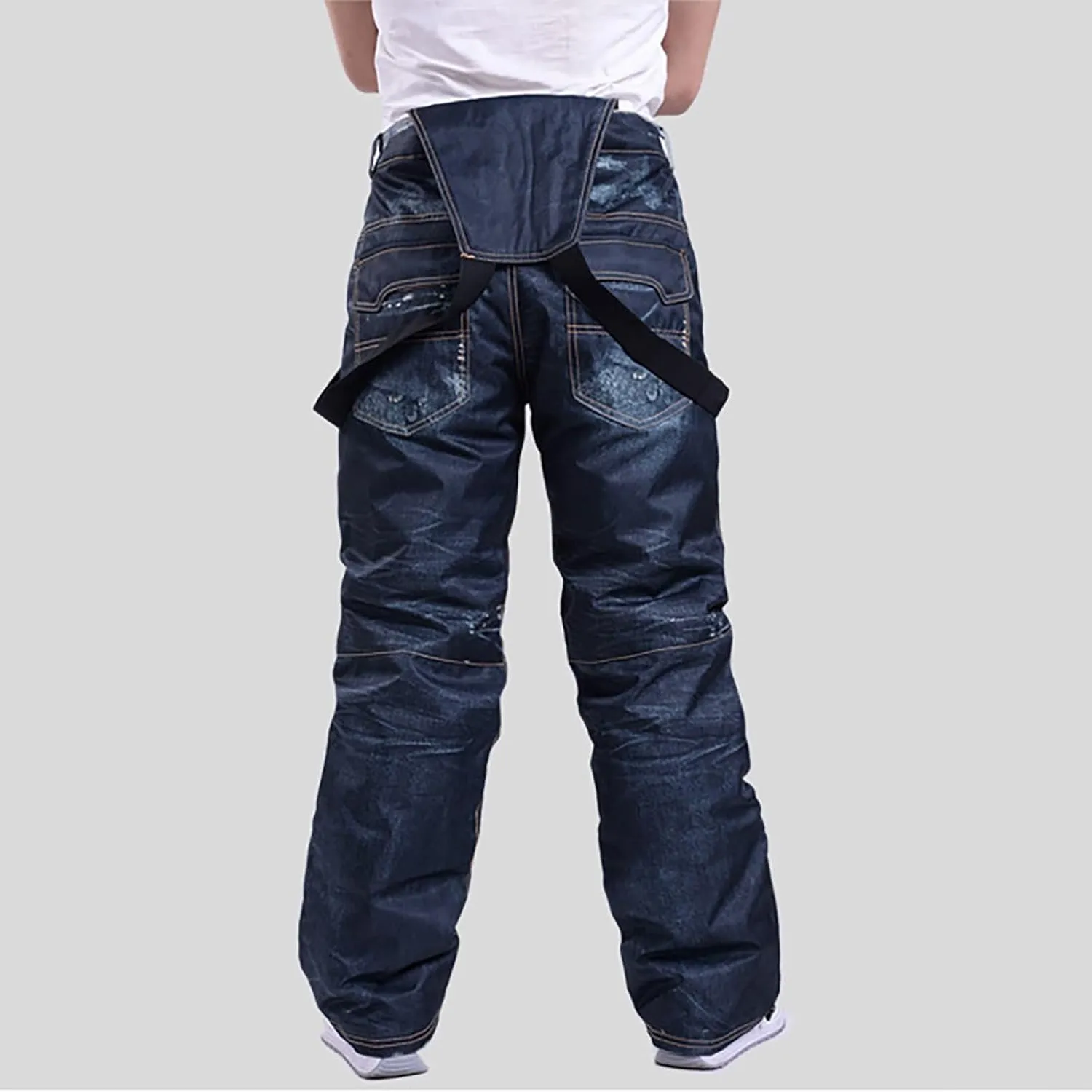 Insulated Bibs for Men Denim Ski Pants Waterproof Snow Bibs Warm Thick Snow Trousers Windproof Snowboarding Pants