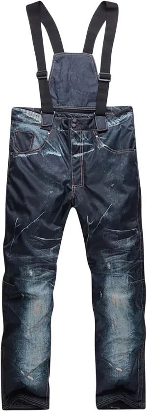 Insulated Bibs for Men Denim Ski Pants Waterproof Snow Bibs Warm Thick Snow Trousers Windproof Snowboarding Pants