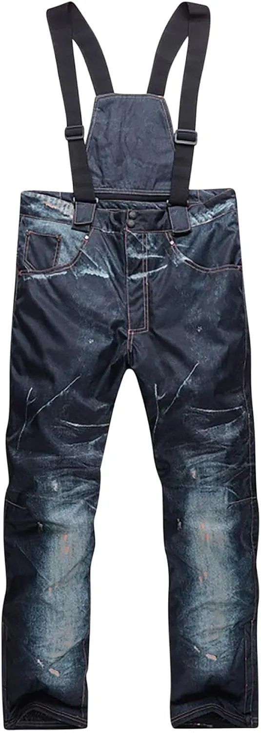 Insulated Bibs for Men Denim Ski Pants Waterproof Snow Bibs Warm Thick Snow Trousers Windproof Snowboarding Pants