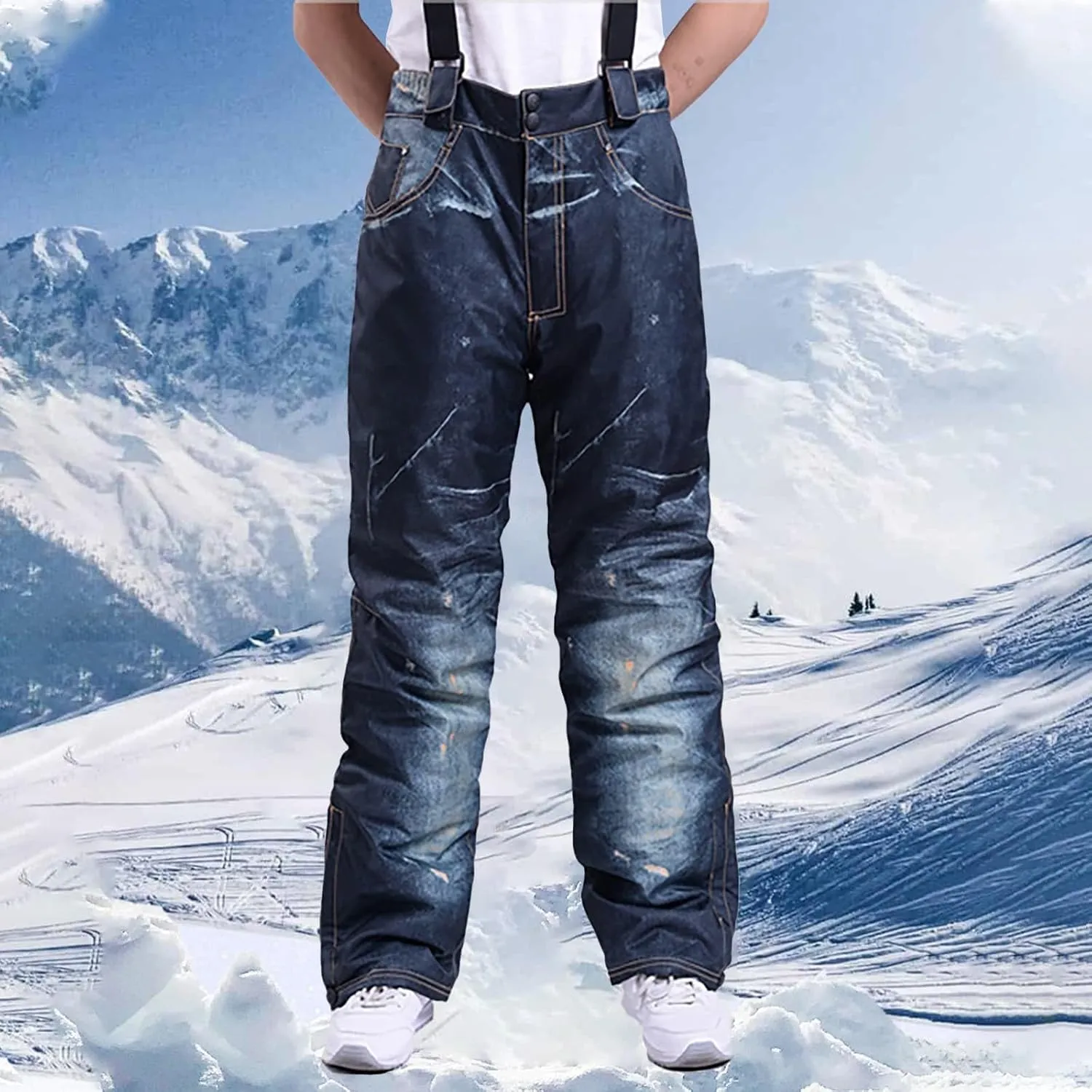 Insulated Bibs for Men Denim Ski Pants Waterproof Snow Bibs Warm Thick Snow Trousers Windproof Snowboarding Pants