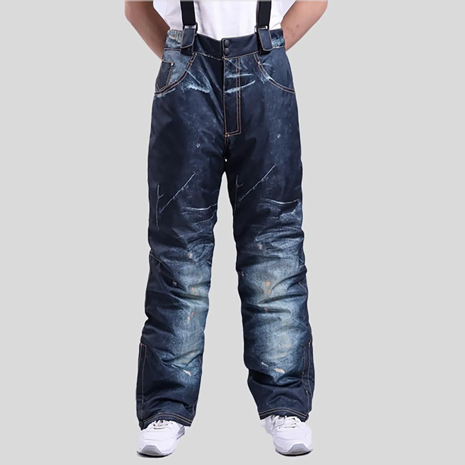Insulated Bibs for Men Denim Ski Pants Waterproof Snow Bibs Warm Thick Snow Trousers Windproof Snowboarding Pants