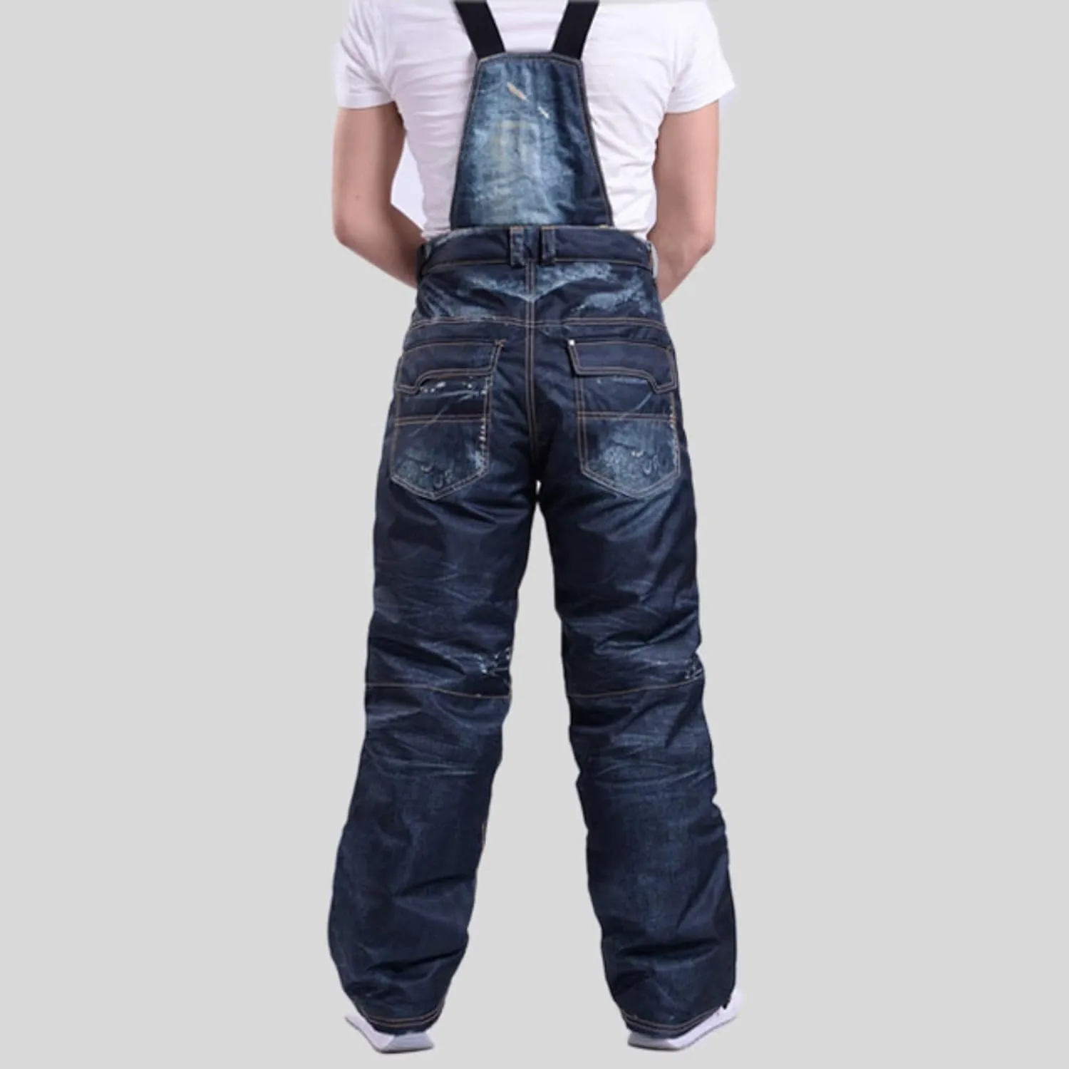 Insulated Bibs for Men Denim Ski Pants Waterproof Snow Bibs Warm Thick Snow Trousers Windproof Snowboarding Pants