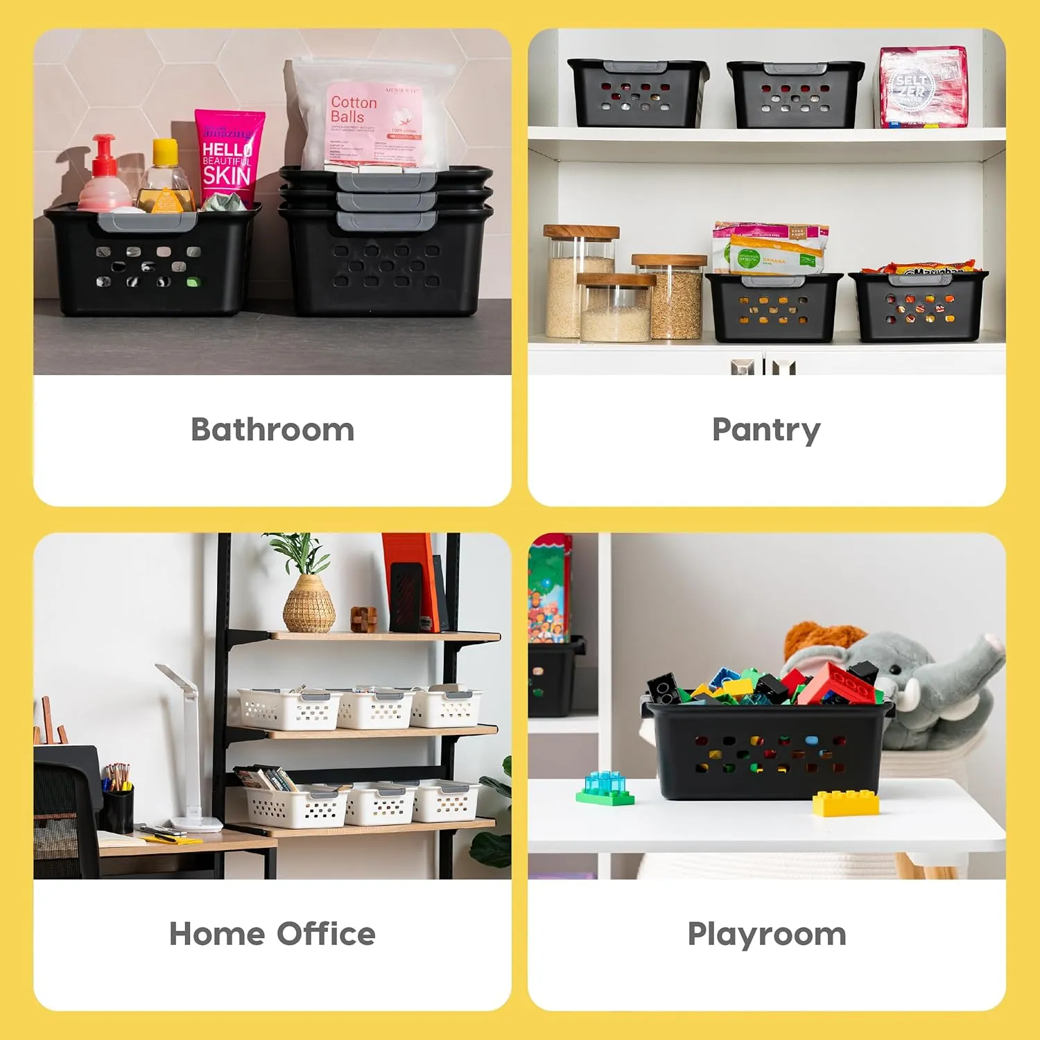 IRIS USA Plastic Storage Basket, 6-Pack, Medium, Shelf Basket Storage Organizer for Pantry, Cabinet, Bedroom, Closet, Laundry Room, Black